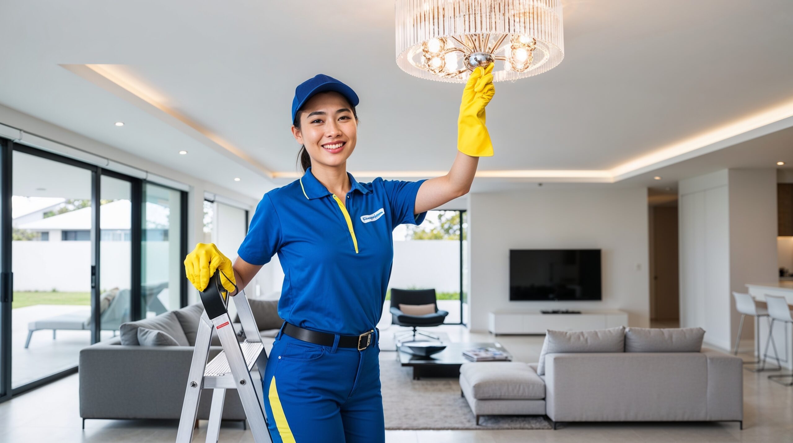 Maid Service Nibley Utah - A professional cleaner is standing on a step ladder in a modern living room, polishing a chandelier while wearing a bright blue uniform with yellow accents and yellow cleaning gloves. The room features a sleek design with large glass doors, a gray sectional sofa, and a mounted flat-screen TV, showcasing a clean and organized living space. The cleaner's cheerful demeanor highlights the high-quality service provided for maintaining homes in pristine condition.