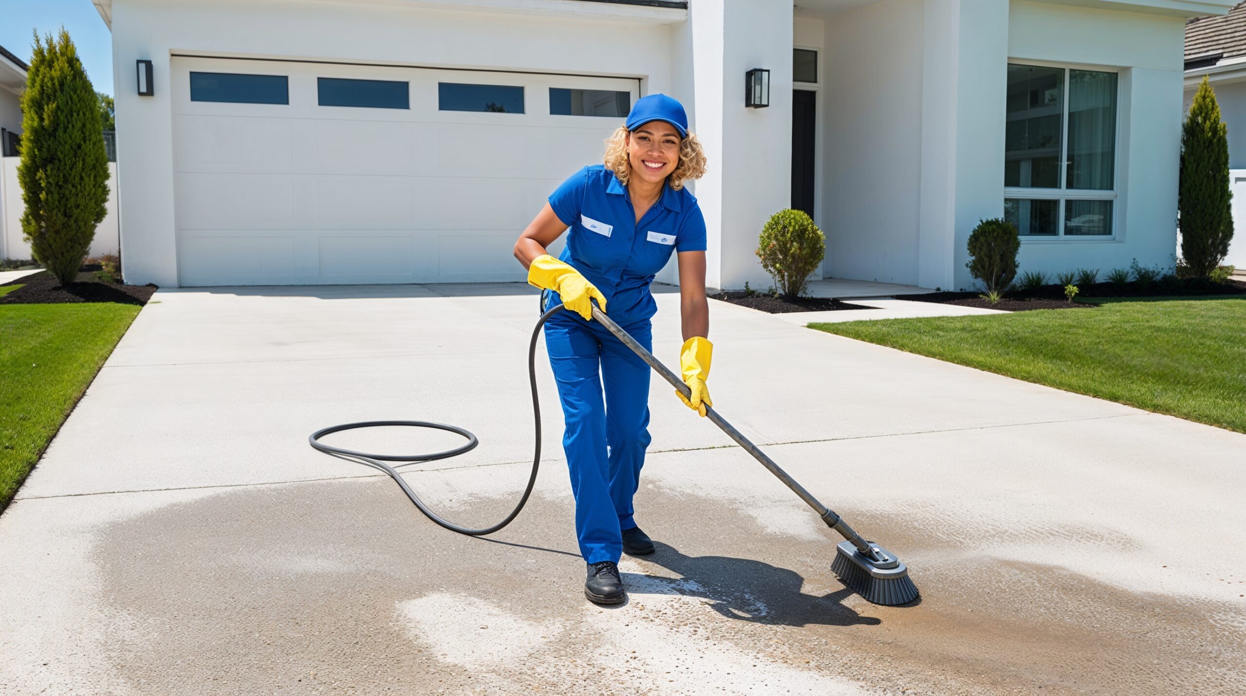 Maid Service Nibley Utah - A professional cleaner in a bright blue uniform and yellow gloves is power washing a residential driveway in front of a modern white home with a garage. The surrounding landscape features well-manicured green grass and neatly trimmed shrubs, emphasizing the thorough exterior cleaning services provided for homeowners in Nibley, Utah.