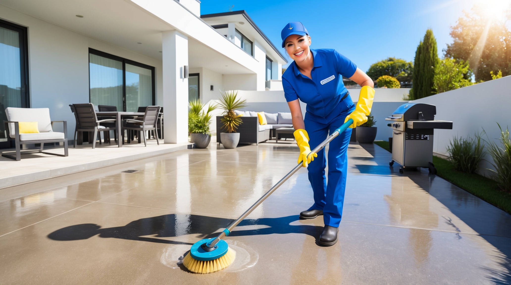 Maid Service Willard Utah - A professional cleaner in a blue uniform and yellow gloves smiles while scrubbing a modern outdoor patio area. She uses a long-handled brush to clean the shiny tiled surface, with patio furniture, potted plants, and a barbecue grill visible in the background. The setting is bright and clean, with sunlight streaming down, enhancing the fresh and organized atmosphere.