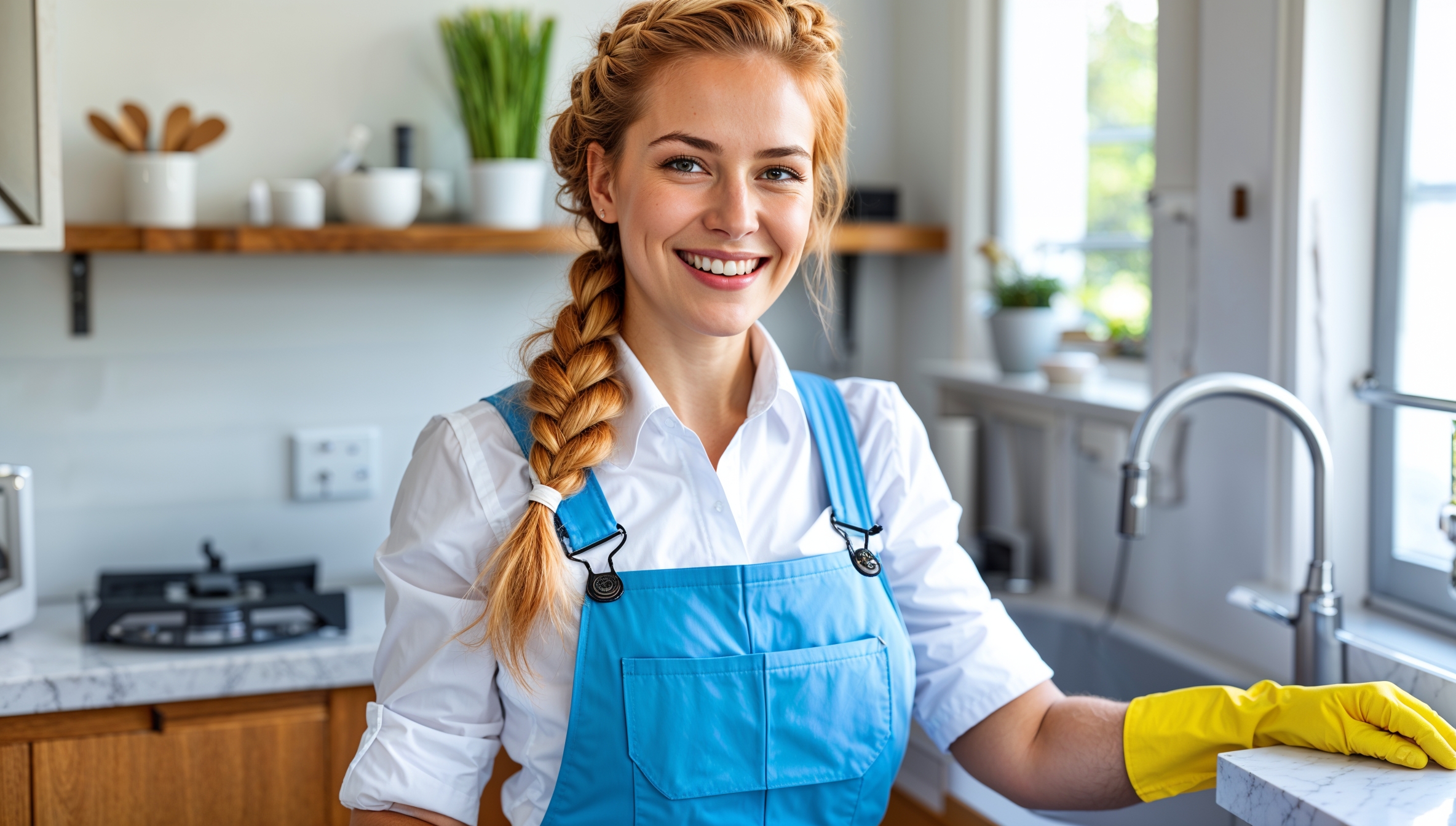 Airbnb Cleaning Service Bountiful, Utah. A smiling professional cleaner in light blue overalls, a white shirt, and yellow cleaning gloves greets the viewer as she tidies up the kitchen sink, dutifully wiping and sanitizing the surface.
