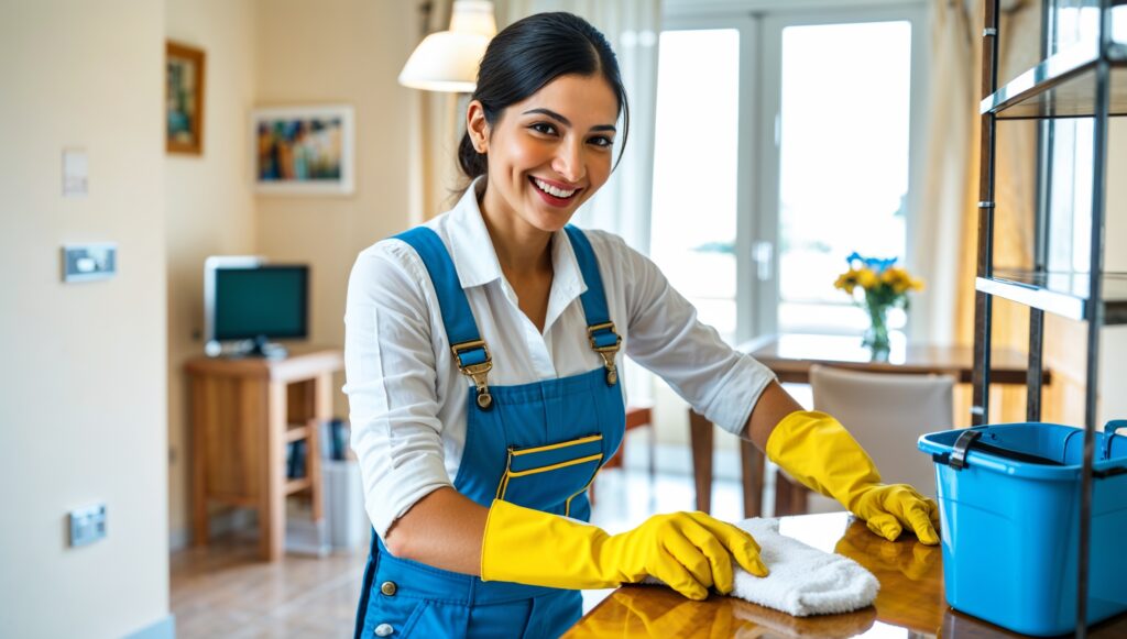 Airbnb Cleaning Service Farr West, Utah. A gently smiling professional cleaner wearing blue overalls, a white shirt, and cleaning gloves sanitizes the top of a table in an Airbnb living room.