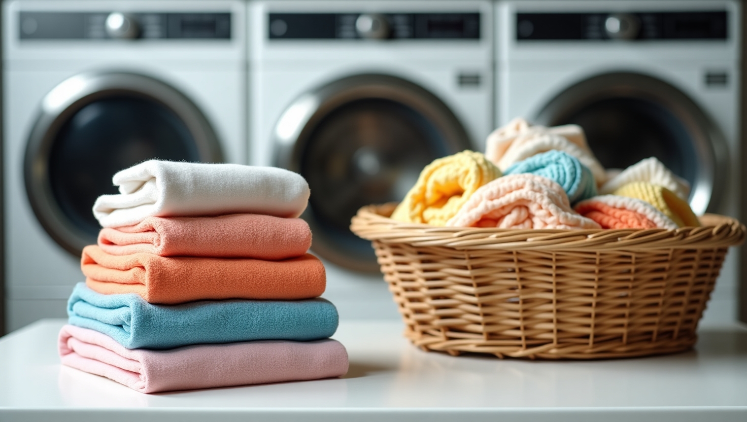 Is it expensive to do laundry? A meticulously sorted stack of crisply folded laundry contrasts with a overflowing large basket of warm freshly dried clothes on a white table. Behind them, a row of gleaming industrial washing machines hum quietly. 