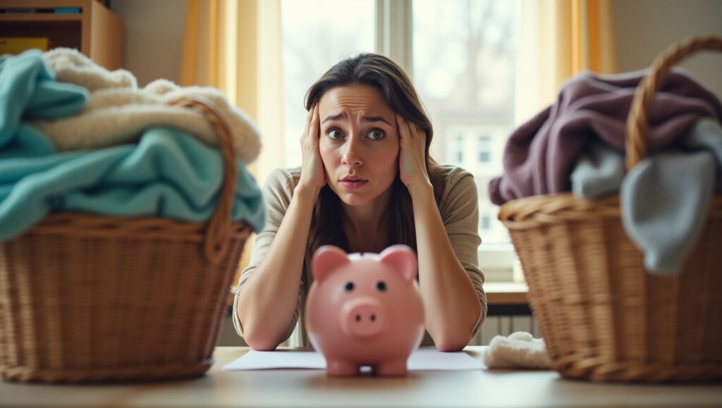 Is it expensive to do laundry? A perplexed woman gazes at a piggy bank on her desk, her expression conveying a mix of confusion and concern. Behind her, two overflowing baskets of laundry loom large. This image captures the woman's struggle with daily tasks amidst a backdrop of domestic chaos. Warm indoor lighting floods the room, creating a bright and domestic atmosphere.