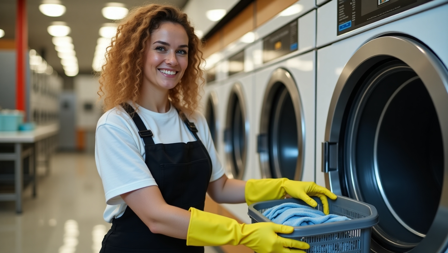 Is it expensive to do laundry? A professional cleaner wearing black overalls with a white shirt and yellow cleaning gloves, smiling as she works in front of an industrial dryer. The area includes a row of identical industrial laundry machines on top of a gleaming tiled floor, as well as a white table. The cleaner carefully loads the laundry from a basket into a machine, ensuring cleanliness. 