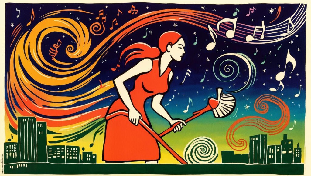 Jazz Up Your January with BYU's Jazz Festival and Optima Maids. An illustration of a stylized professional cleaner, surrounded by swirls of music and movement. The woodcut style and rainbow gradated background give off a vibrant aura.