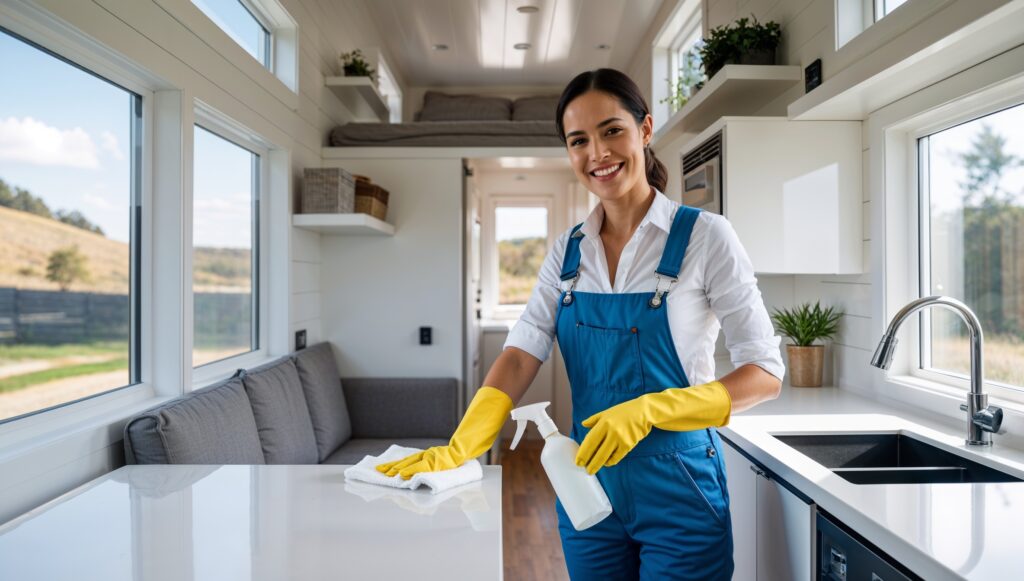 Airbnb Cleaning Service Farmington, Utah. A professional cleaner clad in blue overalls, a white shirt, and yellow cleaning gloves smiles as she tidies up in an Airbnb. She is using a microfiber cloth to sanitize a counter. Behind her are a freshly-cleaned couch, sink, entryway, and loft bed area.