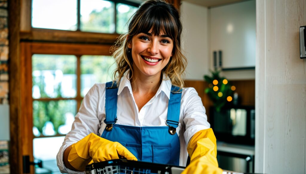 Airbnb Cleaning Service Hooper, Utah. A professional cleaner clad in blue overalls, a white shirt, and yellow cleaning gloves smiles as she tidies up in an Airbnb.. A professional cleaner clad in blue overalls, a white shirt, and yellow cleaning gloves smiles as she tidies up in an Airbnb. She carries a basket of eco-friendly cleaning solution and state-of-the-art cleaning supplies. Behind her is a kitchen with a gleaming fridge, cabinets, and appliances, with a clear wooden door with glass panels.