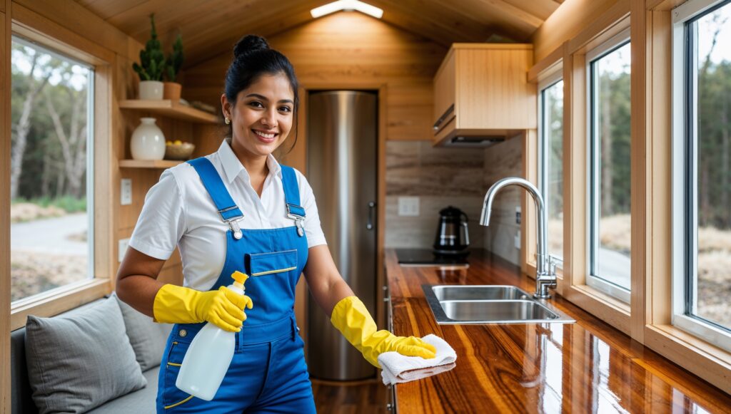 Airbnb Cleaning Service Morgan, Utah. A professional cleaner clad in blue overalls, a white shirt, and yellow cleaning gloves smiles as she tidies up in an Airbnb. She is using a microfiber cloth to clean a countertop. Behind her are a shining-clean sink, crystal clear windows, and freshly-cleaned walls and shelves.