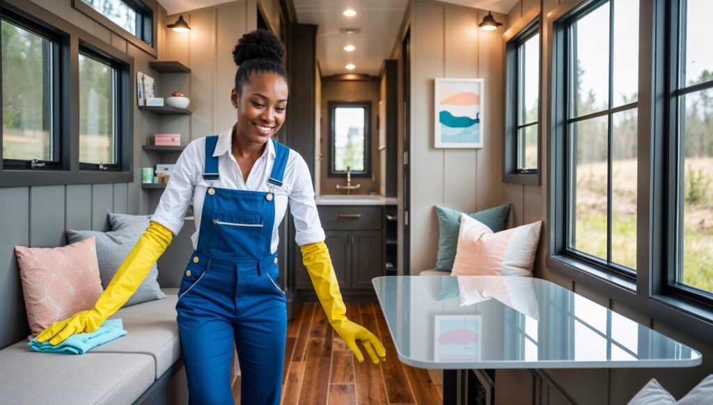 Airbnb Cleaning Service Ogden, Utah. A professional cleaner clad in blue overalls, a white shirt, and yellow cleaning gloves smiles as she tidies up in an Airbnb. She cleans up a couch, while looking towards her next cleaning target: a glass table set against the window.