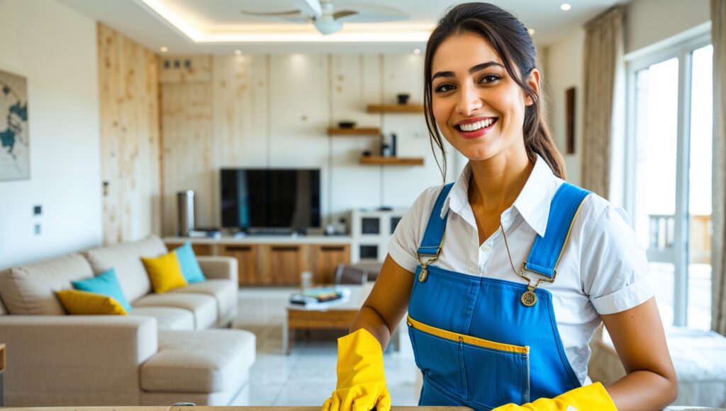 Airbnb Cleaning Service Providence, Utah. A professional cleaner clad in blue overalls, a white shirt, and yellow cleaning gloves smiles as she tidies up in an Airbnb. Behind her a freshly-cleaned living room, complete with an L-shaped couch, a TV set on a console, and clear glass doors.