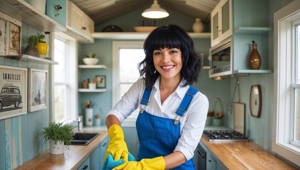 Airbnb Cleaning Service South Weber, Utah. A professional cleaner clad in blue overalls, a white shirt, and yellow cleaning gloves smiles as she tidies up in an Airbnb. Behind her are a freshly-cleaned tiny house Airbnb kitchen, with gleaming wooden countertops, crystal clear windows, and shing appliances and sink.