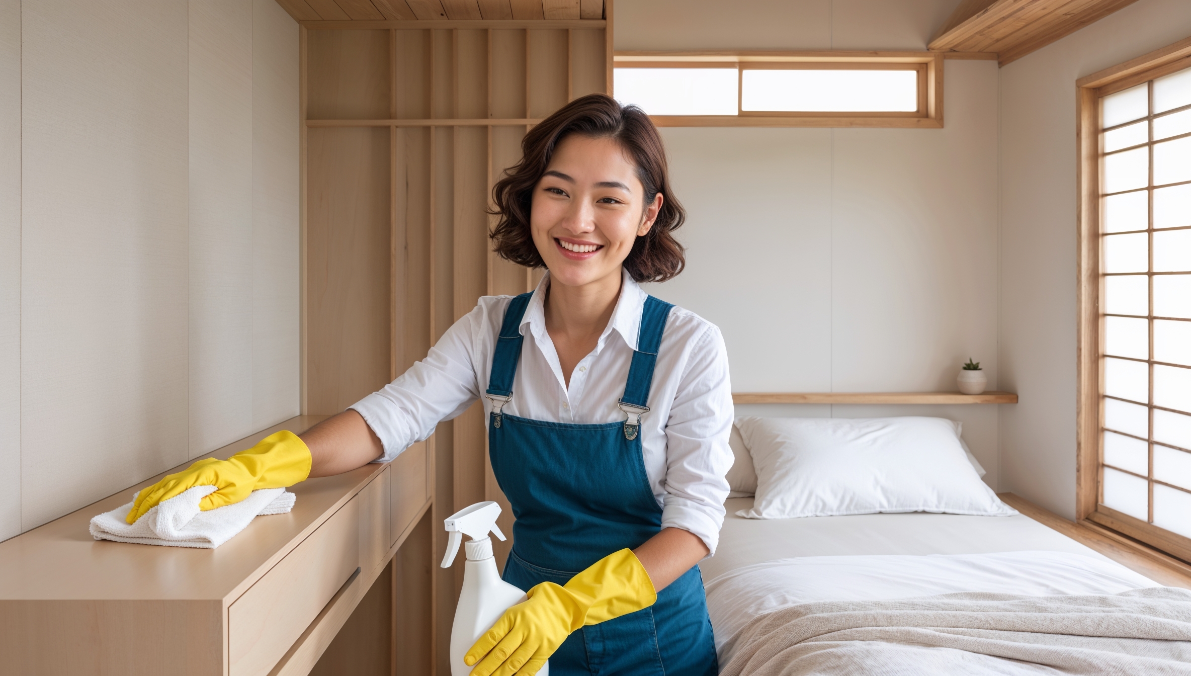 Airbnb Cleaning Service West Bountiful, Utah. A professional cleaner clad in blue overalls, a white shirt, and yellow cleaning gloves smiles as she tidies up in an Airbnb. She is using a clean microfiber cloth to sanitize the top of a table in a Japanese-style Airbnb.