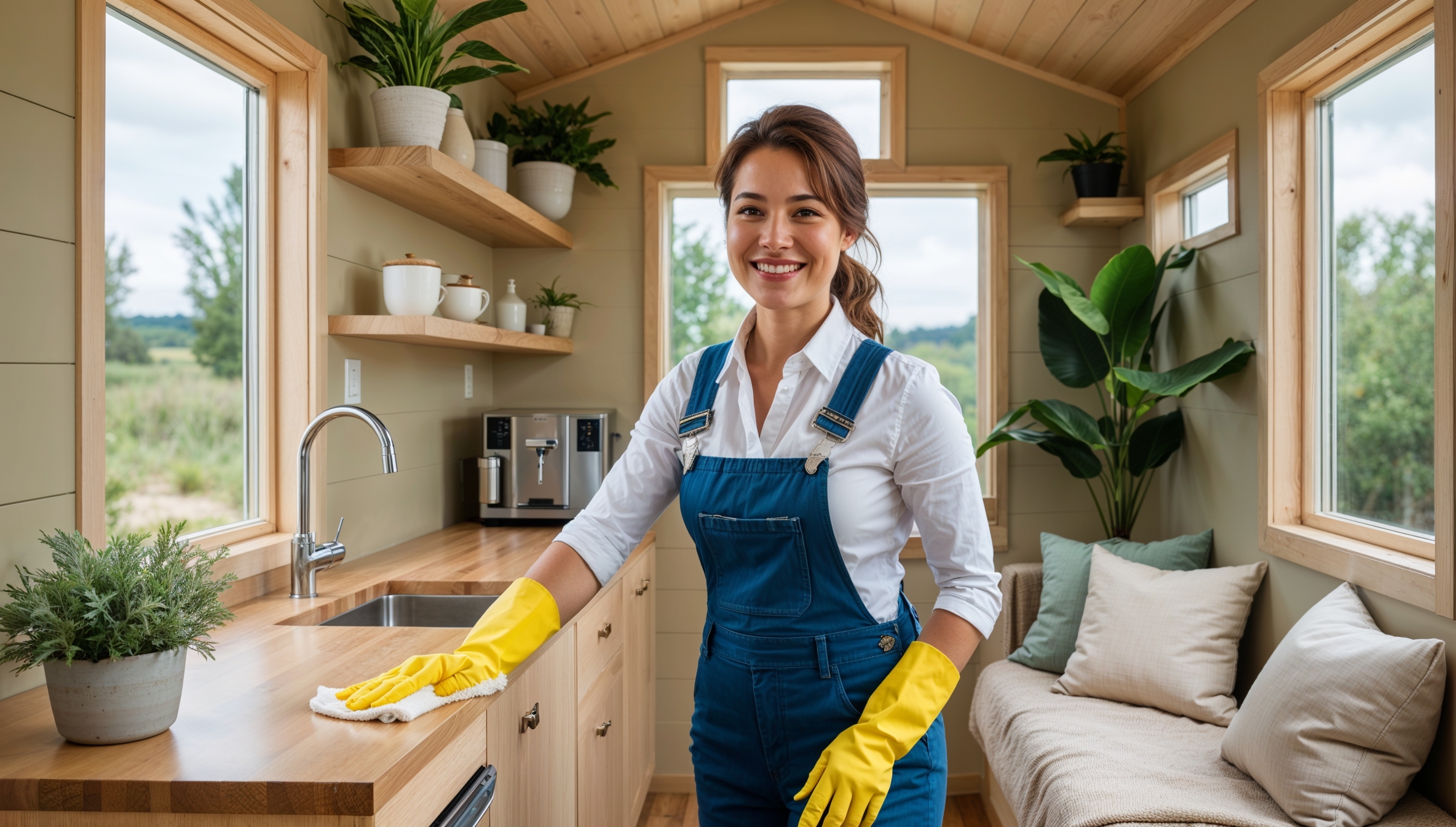 Airbnb Cleaning Service West Bountiful, Utah. A professional cleaner clad in blue overalls, a white shirt, and yellow cleaning gloves smiles as she tidies up in an Airbnb. She is carefully sanitizing the countertop in a tiny house Airbnb with wide windows, using a microfiber cloth.
