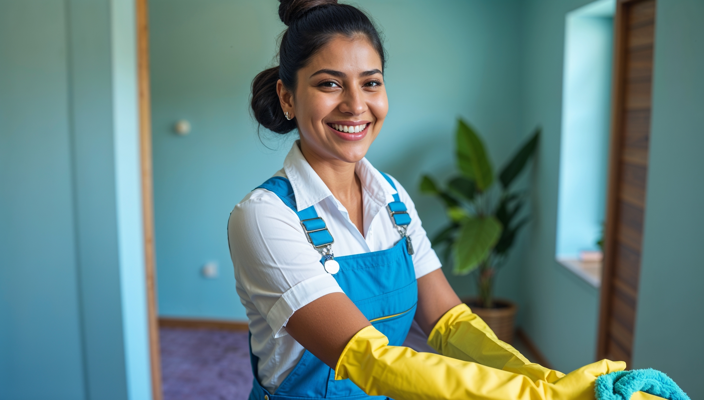 Airbnb Cleaning Service West Point, Utah. . A professional cleaner clad in blue overalls, a white shirt, and yellow cleaning gloves smiles as she tidies up in an Airbnb. She is getting a microfiber cloth ready to use to clean with. Behind her is a bluish room with a potted plant. The walls have just been cleaned, and the windows have been made clear.