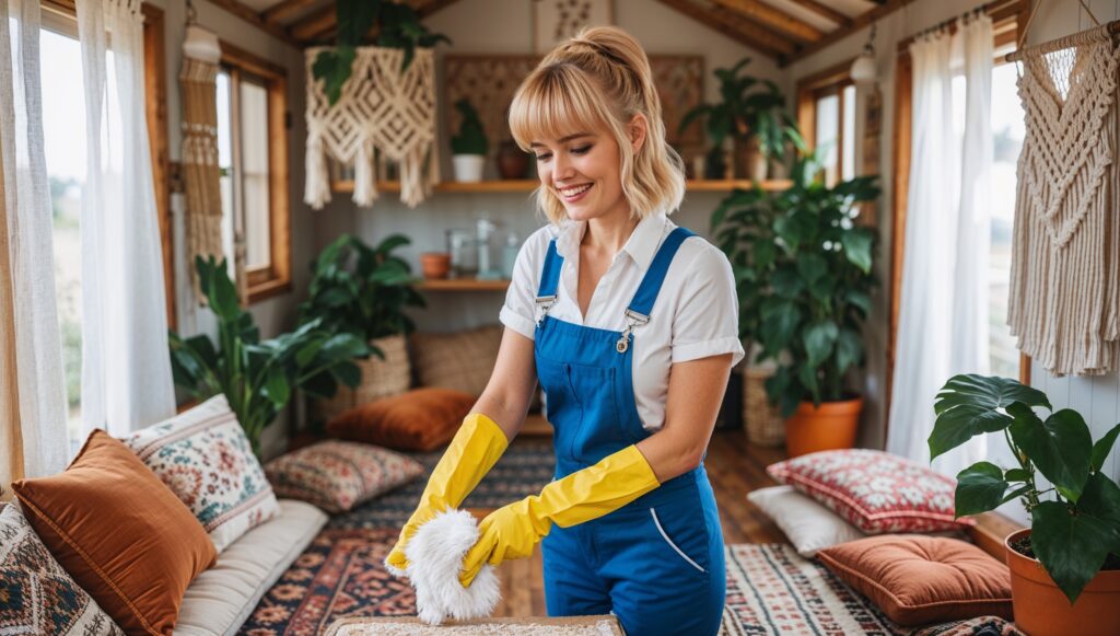 Airbnb Cleaning Service West Point, Utah. A professional cleaner clad in blue overalls, a white shirt, and yellow cleaning gloves smiles as she tidies up in an Airbnb. Behind her is a bohemian-style living room, with throw pillows and carpeting in earthy tones, macrame, and a Persian rug. The curtains have been freshly cleaned, the macrame tidied up, and the cleaner stands as she prepares for her next task.